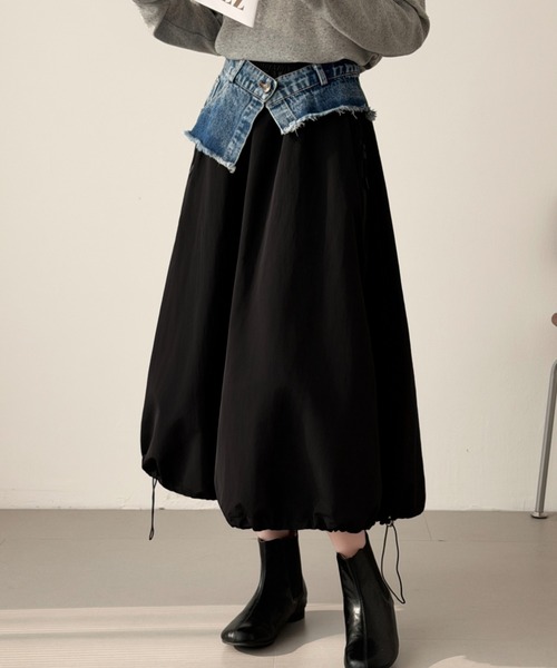 ABITOKYO(アビトーキョー)の「裾ドロストレイヤードデニムベルトスカート(スカート・レディース・カーキ/ブラック/ベージュ・FREE)」の9枚目の写真