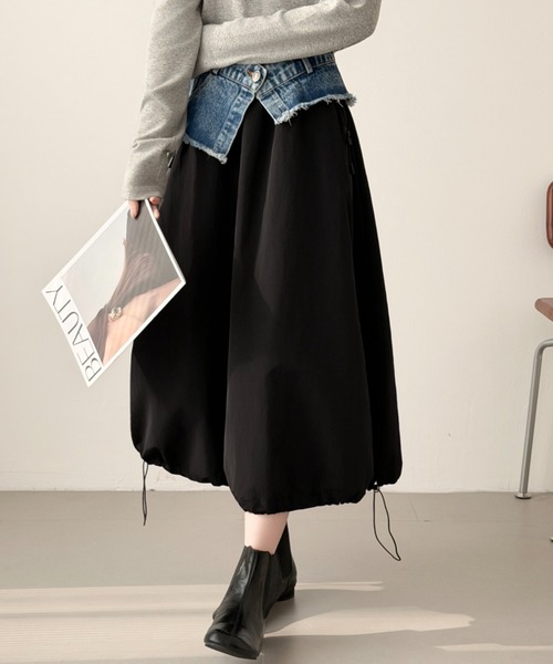 ABITOKYO(アビトーキョー)の「裾ドロストレイヤードデニムベルトスカート(スカート・レディース・カーキ/ブラック/ベージュ・FREE)」の11枚目の写真