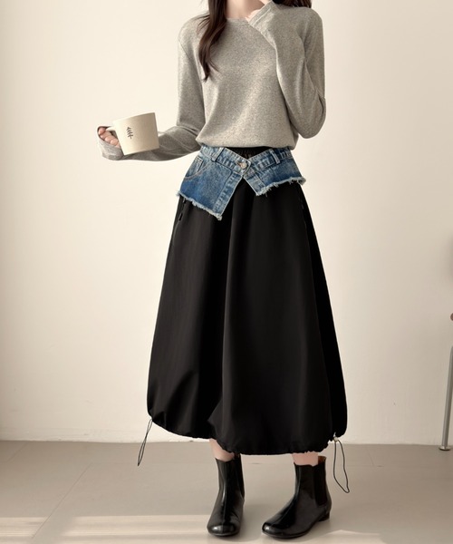 ABITOKYO(アビトーキョー)の「裾ドロストレイヤードデニムベルトスカート(スカート・レディース・カーキ/ブラック/ベージュ・FREE)」の14枚目の写真