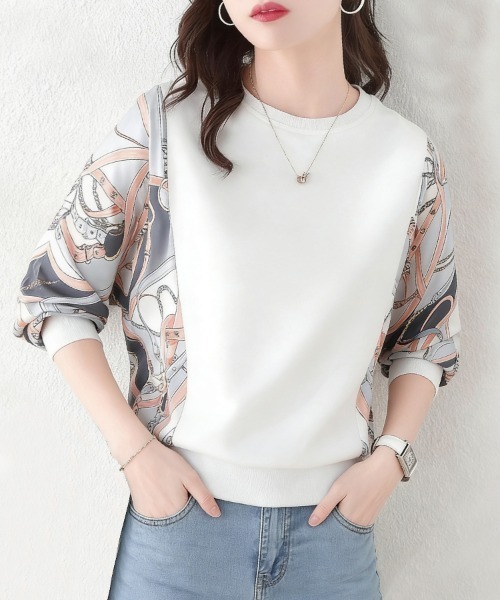 ONEP STAR(ワンピスター)の「プリント袖切替トップス(Tシャツ/カットソー・レディース・ホワイト/ベージュ/ネイビー/グレー・MEDIUM/X-LARGE/LARGE)」の5枚目の写真