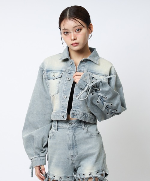 SPIRALGIRL（スパイラルガール）の「レースアップデニムショートジャケット（デニムジャケット・レディース・ブルー/ブラック・FREE）」の7枚目の写真