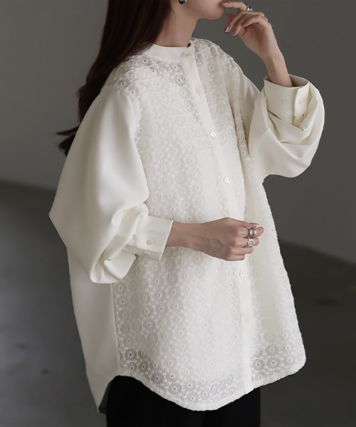 HUG.U(ハグユー)の「刺繍レース バンドカラーシャツ(シャツ/ブラウス・レディース・ブラック/ホワイト・FREE)」の3枚目の写真