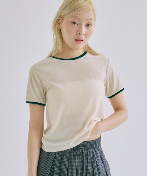 EN NEUME（エンノイム）の「Sheer Velor Ringer Tee（Tシャツ/カットソー・レディース・アイボリー/ピンク/グリーン・FREE）」の3枚目の写真