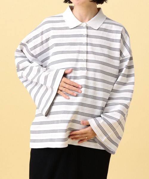 LEPSIM（レプシィム）の「【産前・産後対応】マタニティ／ボーダーポロ襟プルオーバー　639322（マタニティウェア/グッズ・レディース・ネイビー/ライトピンク・FREE）」の3枚目の写真