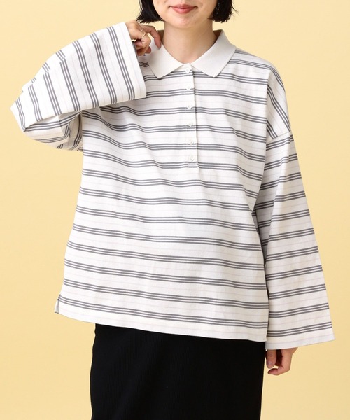 LEPSIM（レプシィム）の「【産前・産後対応】マタニティ／ボーダーポロ襟プルオーバー　639322（マタニティウェア/グッズ・レディース・ネイビー/ライトピンク・FREE）」の4枚目の写真