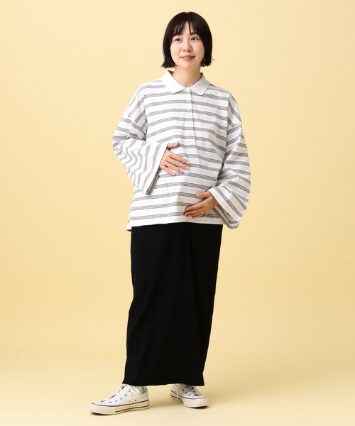 LEPSIM（レプシィム）の「【産前・産後対応】マタニティ／ボーダーポロ襟プルオーバー　639322（マタニティウェア/グッズ・レディース・ネイビー/ライトピンク・FREE）」の7枚目の写真