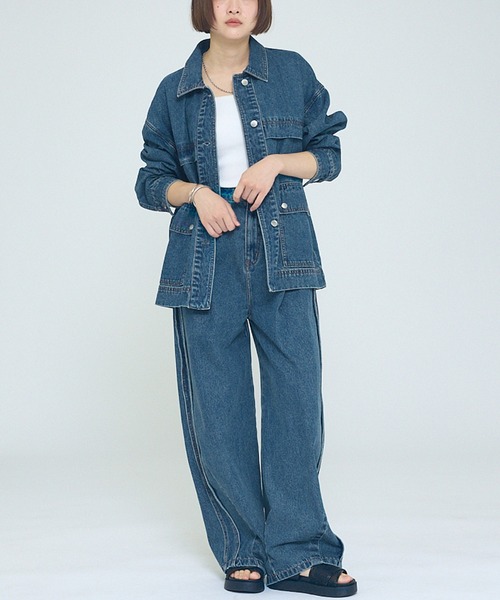 NOMINE（ノミネ）の「【NOMINE】【セットアップ対応】オーバーサイズ デニム ジャケット / カバーオール（ブルゾン・レディース・ブルー/チャコールグレー・フリー）」の3枚目の写真