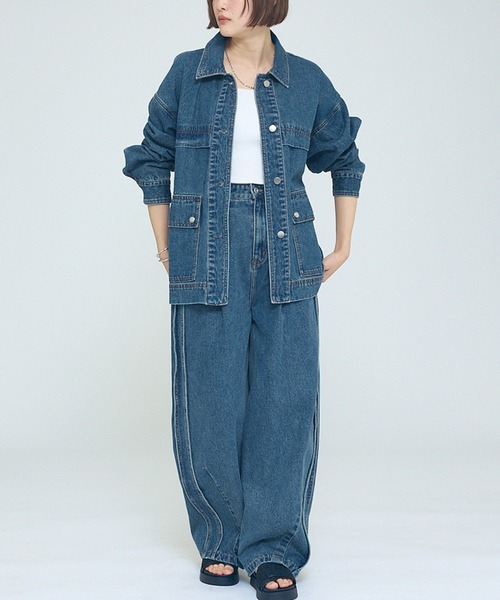NOMINE（ノミネ）の「【NOMINE】【セットアップ対応】オーバーサイズ デニム ジャケット / カバーオール（ブルゾン・レディース・ブルー/チャコールグレー・フリー）」の4枚目の写真