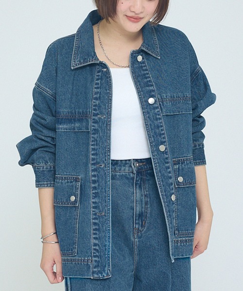NOMINE（ノミネ）の「【NOMINE】【セットアップ対応】オーバーサイズ デニム ジャケット / カバーオール（ブルゾン・レディース・ブルー/チャコールグレー・フリー）」の7枚目の写真