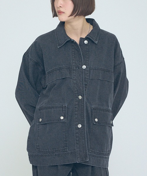 NOMINE（ノミネ）の「【NOMINE】【セットアップ対応】オーバーサイズ デニム ジャケット / カバーオール（ブルゾン・レディース・ブルー/チャコールグレー・フリー）」の14枚目の写真