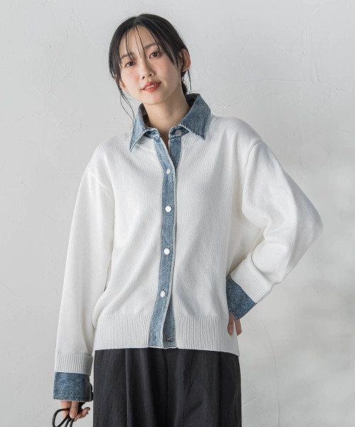 Droite lautreamont(ドロワットロートレアモン)の「デニムドッキングニットカーディガン≪手洗い可能≫(カーディガン/ボレロ・レディース・ライトグレー/オフホワイト・M)」の4枚目の写真