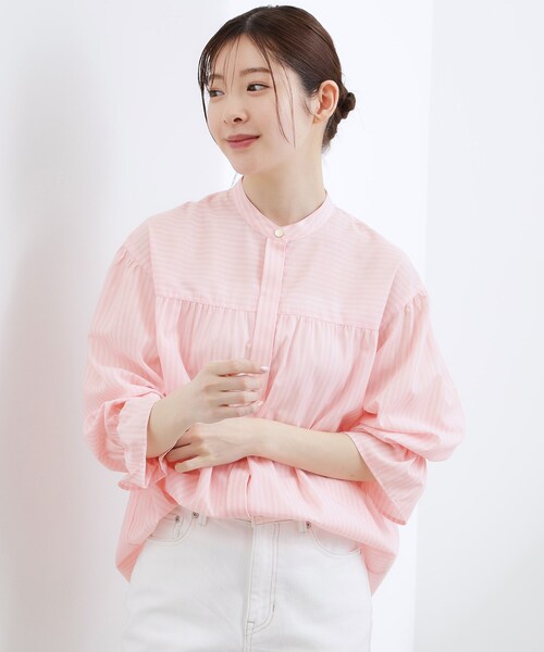 grove(グローブ)の「【イージーケア】麻混スタンドギャザーシャツ(シャツ/ブラウス・レディース・グリーン系/ブルー系7/ネイビー/ピンク系3/アイボリー・03/02/01/04/05)」の8枚目の写真