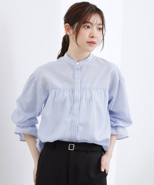 grove(グローブ)の「【イージーケア】麻混スタンドギャザーシャツ(シャツ/ブラウス・レディース・グリーン系/ブルー系7/ネイビー/ピンク系3/アイボリー・03/02/01/04/05)」の12枚目の写真
