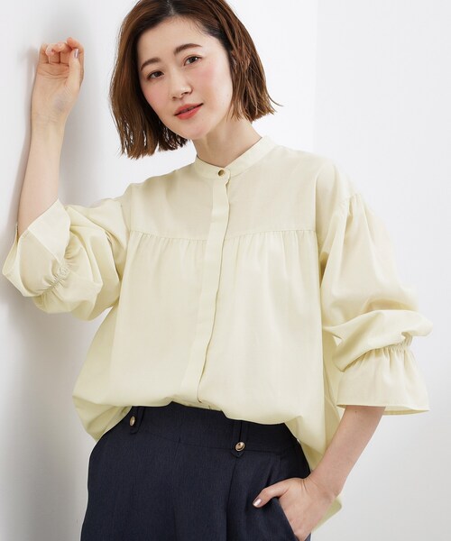 grove(グローブ)の「【イージーケア】麻混スタンドギャザーシャツ(シャツ/ブラウス・レディース・グリーン系/ブルー系7/ネイビー/ピンク系3/アイボリー・03/02/01/04/05)」の16枚目の写真