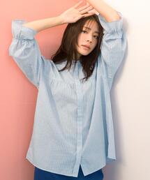 【貴島明日香さん着用／イージーケア／接触冷感】麻ブレンドスタンドギャザーシャツ