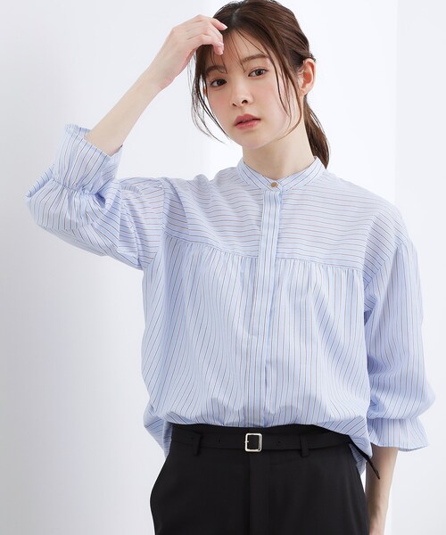 grove(グローブ)の「【イージーケア】麻混スタンドギャザーシャツ(シャツ/ブラウス・レディース・グリーン系/ブルー系7/ネイビー/ピンク系3/アイボリー・03/02/01/04/05)」の7枚目の写真