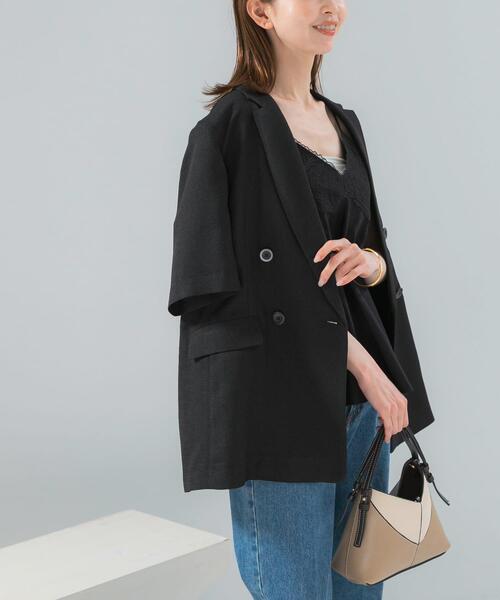 URBAN RESEARCH ROSSO WOMEN（アーバンリサーチ　ロッソ）の「防シワ リネンライクハーフスリーブジャケット（その他アウター・レディース・ライトベージュ/ブラック・36/38）」の2枚目の写真