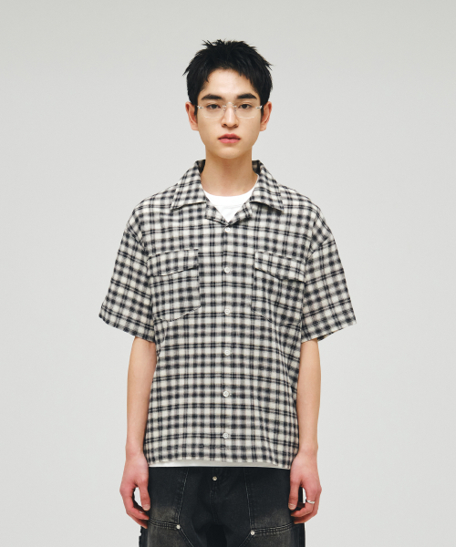 ECORR(エコル)の「オープンカラー チェック 半袖シャツ_ブラック(シャツ/ブラウス・レディース・その他・1(M)/2(L)/3(XL))」の2枚目の写真