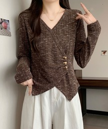 ツイード調 Vネック ゴールドボタン ペプラムトップス / きれいめ フェミニンカットソー