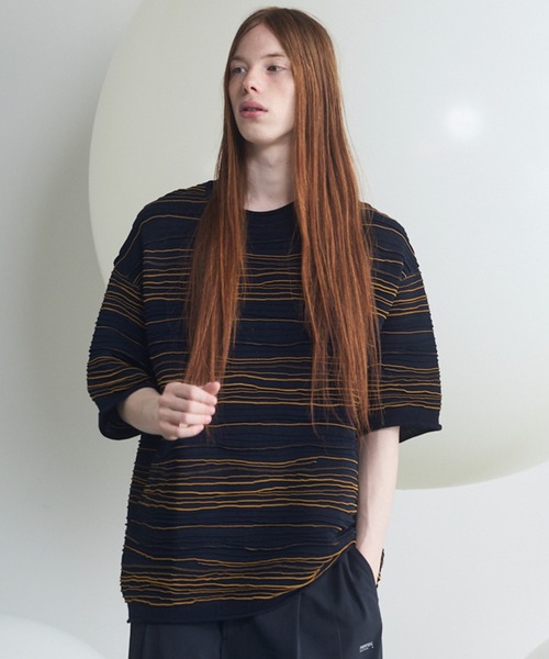 UNISEX》Drawing Pintuck Border Prime-Over Short Sleeve Knit T