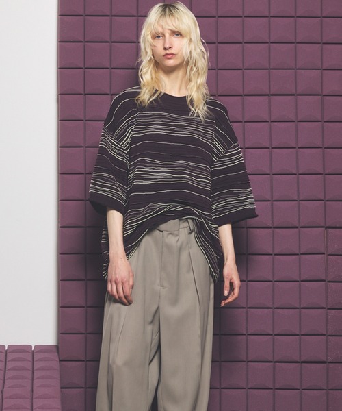 MAISON SPECIAL（メゾンスペシャル）の「《UNISEX》Drawing Pintuck Border Prime-Over Short Sleeve Knit T-shirt/ドローイングピンタックボーダープライムオーバーショートスリーブニットTシャツ【MAISON SPECIAL/メゾンスペシャル】（Tシャツ/カットソー・メンズ・ネイビー/ブラック/バーガンディー・2/1/0）」の14枚目の写真