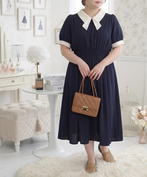 p courge(ピークルジュ)の「レースリボン襟半袖ワンピース(ワンピース・レディース・ネイビー/ピンク/ブルー・LL/3L/4L)」の5枚目の写真
