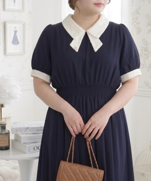 p courge(ピークルジュ)の「レースリボン襟半袖ワンピース(ワンピース・レディース・ネイビー/ピンク/ブルー・LL/3L/4L)」の17枚目の写真