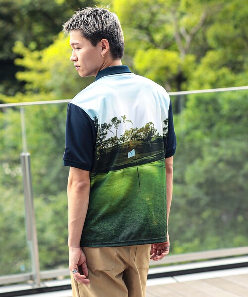 BEAMS GOLF(ビームスゴルフ)の「ORANGE LABEL / コースプリント ポロシャツ(吸水速乾・UVカット)(ポロシャツ・メンズ・ネイビー/ホワイト・SMALL/MEDIUM/X-LARGE/LARGE)」の1枚目の写真