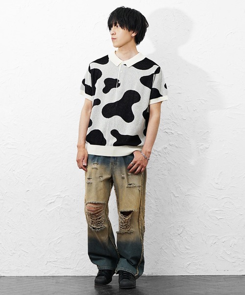 MinoriTY（マイノリティ）の「【MinoriTY】ホルスタイン柄半袖ニットポロシャツ メンズ ウィメンズ ユニセックス（ポロシャツ・メンズ・オフホワイト/ブラック・L/M）」の6枚目の写真
