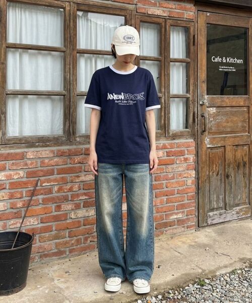 ANEWBROS（アニュブロス）の「アニュコアロゴリングルーズフィット半袖Tシャツ4カラー [ANSE_4502]（Tシャツ/カットソー・レディース・ネイビー/ホワイト×グリーン/クリーム/ホワイト×ネイビー・X-LARGE/LARGE/MEDIUM/SMALL）」の12枚目の写真