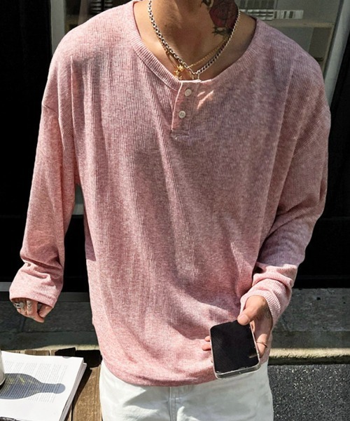 NOWLE(ノウル)の「【NOWLE】ルーズシルエット ヘンリーネック リブ ロングスリーブ Tシャツ / メランジ シアー ロンT(Tシャツ/カットソー・メンズ・グレー/ブラック/ピンク・X-LARGE/LARGE/MEDIUM)」の1枚目の写真