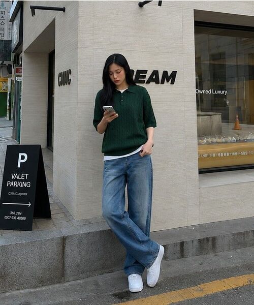 WANIL（ウェニール）の「ミドンケーブルボタンカラー半袖ニット4カラー[WASK_1001]（Tシャツ/カットソー・レディース・ブラック/グリーン/バーガンディー/ネイビー・SMALL/MEDIUM/LARGE/X-LARGE）」の9枚目の写真