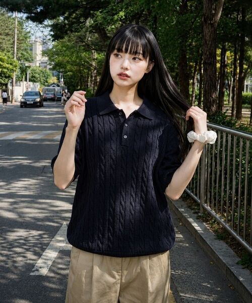 WANIL（ウェニール）の「ミドンケーブルボタンカラー半袖ニット4カラー[WASK_1001]（Tシャツ/カットソー・レディース・ブラック/グリーン/バーガンディー/ネイビー・SMALL/MEDIUM/LARGE/X-LARGE）」の10枚目の写真