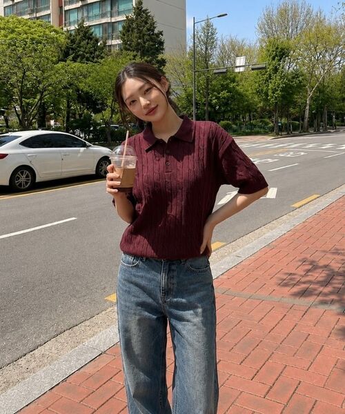 WANIL（ウェニール）の「ミドンケーブルボタンカラー半袖ニット4カラー[WASK_1001]（Tシャツ/カットソー・レディース・ブラック/グリーン/バーガンディー/ネイビー・SMALL/MEDIUM/LARGE/X-LARGE）」の11枚目の写真