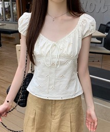 レーストリム フロントリボン ジャガード ギャザー Vネック 半袖Tシャツ