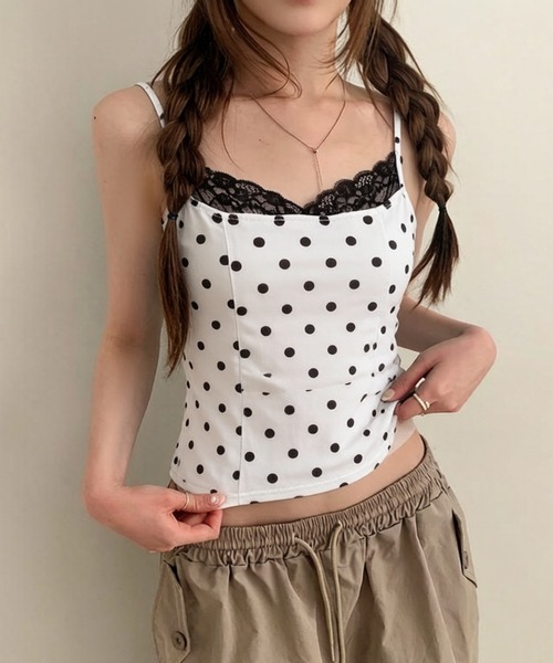 gossip！ロサンゼルス（ゴシップロサンゼルス）の「「Y2Kガーリー」   キャミソール ドット柄 レース使い インナー 重ね着（Tシャツ/カットソー・レディース・ドット・M）」の4枚目の写真