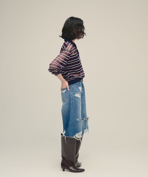 eL(エル)の「【eL】14G Sheer Border Polo/1070153(ポロシャツ・レディース・グレー系その他/ネイビー系・FREE)」の4枚目の写真
