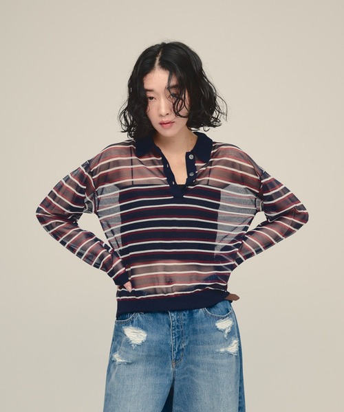 eL(エル)の「【eL】14G Sheer Border Polo/1070153(ポロシャツ・レディース・グレー系その他/ネイビー系・FREE)」の6枚目の写真