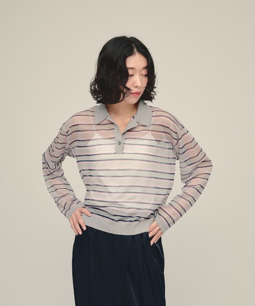 eL(エル)の「【eL】14G Sheer Border Polo/1070153(ポロシャツ・レディース・グレー系その他/ネイビー系・FREE)」の12枚目の写真