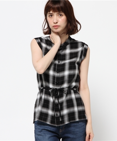 X-girl(エックスガール)の「PLAID SLEEVELESS SHIRT /シャツ/ブラウス/チェック/シンプル/刺繍/袖なし/ノースリーブ(シャツ/ブラウス・レディース・ホワイト/ブラック・1/2)」の2枚目の写真