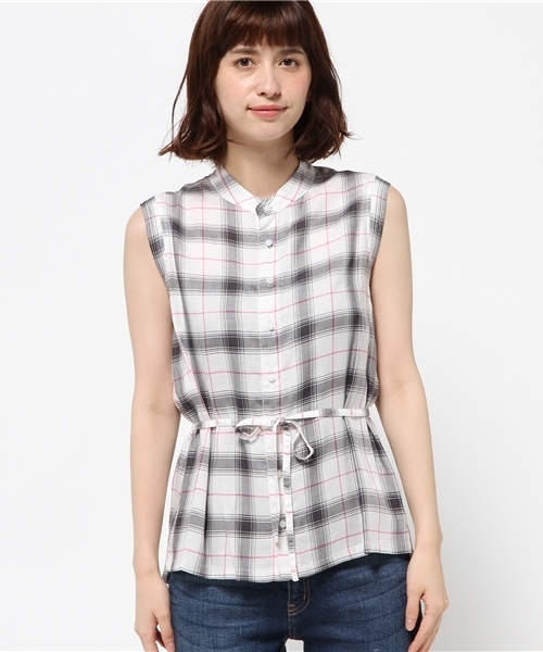 X-girl(エックスガール)の「PLAID SLEEVELESS SHIRT /シャツ/ブラウス/チェック/シンプル/刺繍/袖なし/ノースリーブ(シャツ/ブラウス・レディース・ホワイト/ブラック・1/2)」の3枚目の写真
