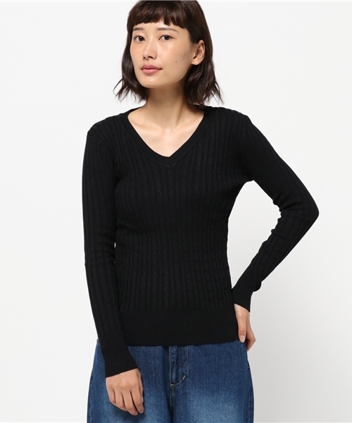 coca（coca）（コカ）の「優しい肌触りのVネックケーブルニット（ニット/セーター・レディース・グレー/ネイビー/ブラック/ワイン/ホワイト・ONE SIZE/M/L）」の19枚目の写真