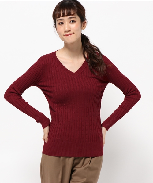 coca（coca）（コカ）の「優しい肌触りのVネックケーブルニット（ニット/セーター・レディース・グレー/ネイビー/ブラック/ワイン/ホワイト・ONE SIZE/M/L）」の18枚目の写真