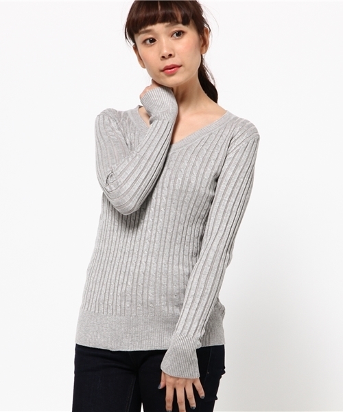 coca（coca）（コカ）の「優しい肌触りのVネックケーブルニット（ニット/セーター・レディース・グレー/ネイビー/ブラック/ワイン/ホワイト・ONE SIZE/M/L）」の16枚目の写真