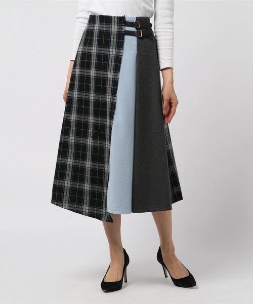 archives（アルシーヴ）の「チェック配色ベルト付スカート（スカート・レディース・ブラック/チャコールグレー/ネイビー・MEDIUM）」の2枚目の写真