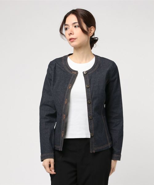 Petit Honfleur(プチオンフルール)の「デニムノーカラージャケット(デニムジャケット・レディース・ネイビー/カーキ・11号/9号/13号)」の21枚目の写真