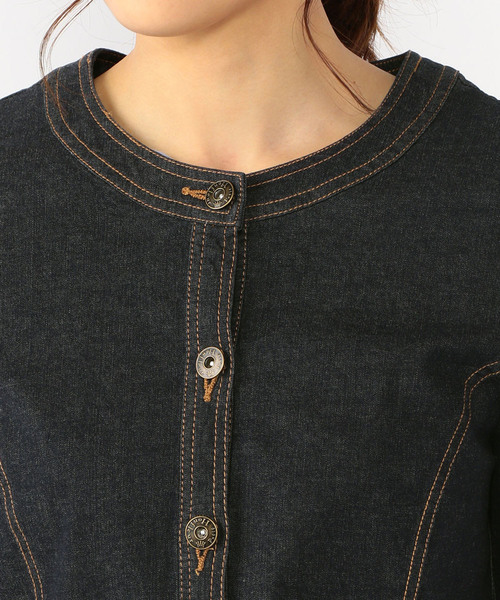 Petit Honfleur(プチオンフルール)の「デニムノーカラージャケット(デニムジャケット・レディース・ネイビー/カーキ・11号/9号/13号)」の17枚目の写真