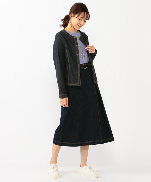 Petit Honfleur(プチオンフルール)の「デニムノーカラージャケット(デニムジャケット・レディース・ネイビー/カーキ・11号/9号/13号)」の16枚目の写真