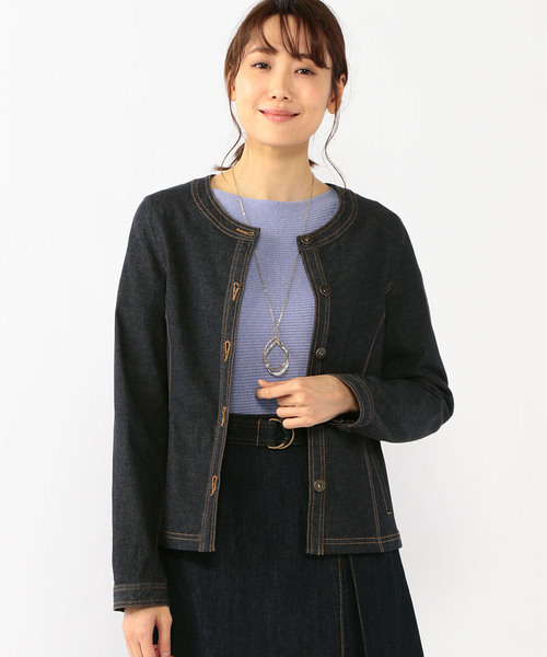 Petit Honfleur(プチオンフルール)の「デニムノーカラージャケット(デニムジャケット・レディース・ネイビー/カーキ・11号/9号/13号)」の6枚目の写真