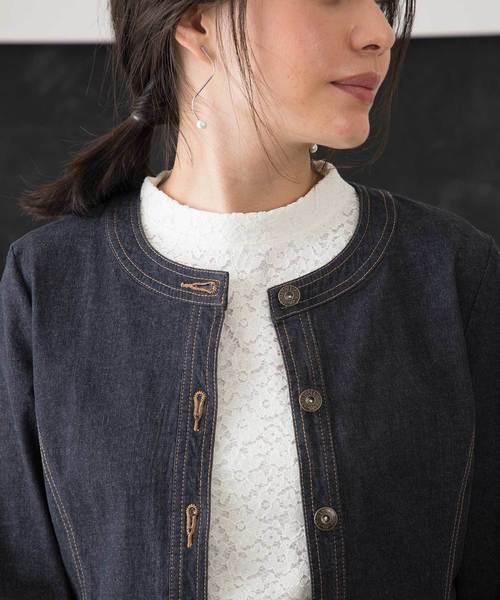 Petit Honfleur(プチオンフルール)の「デニムノーカラージャケット(デニムジャケット・レディース・ネイビー/カーキ・11号/9号/13号)」の13枚目の写真